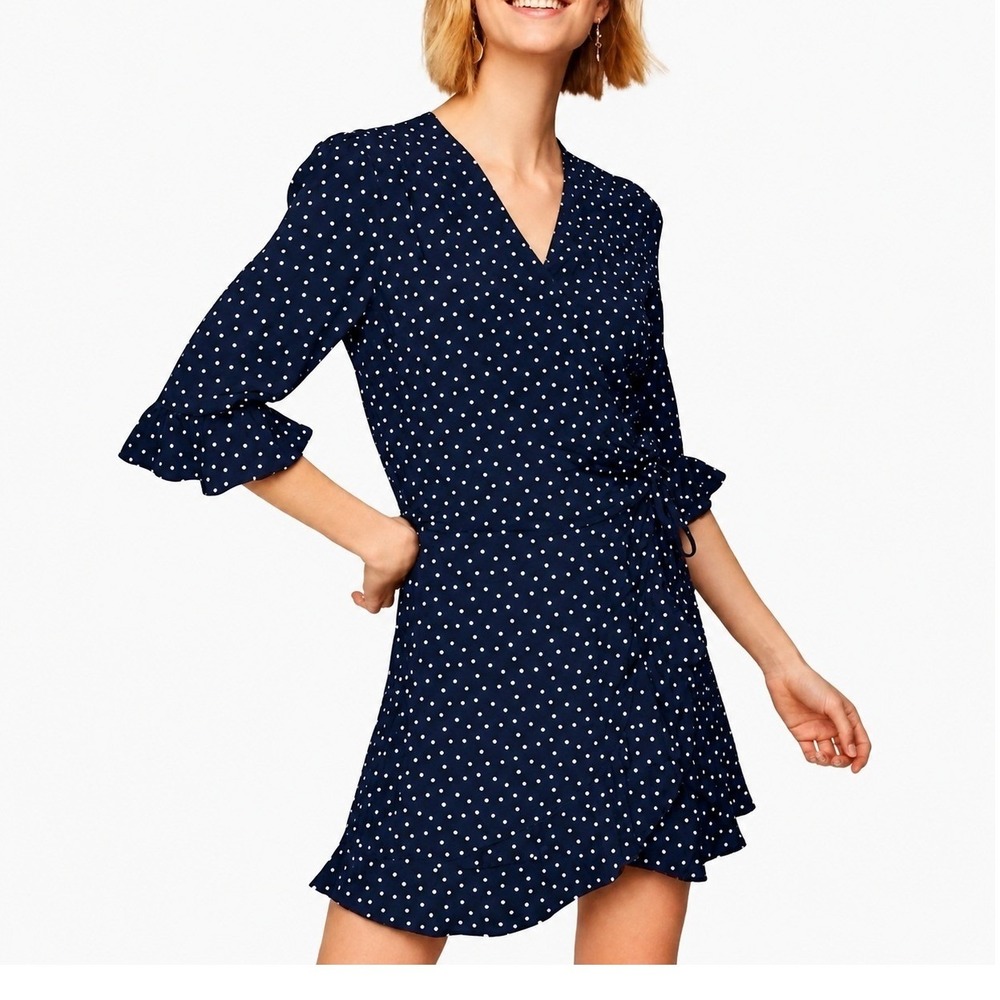 Loft Petites Romper Dress Navy Blue Polka Dot Ruffle Tie Wrap Dress 8P NWT